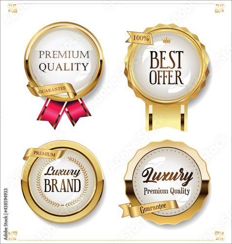Collection of golden badges labels laurels and ribbons