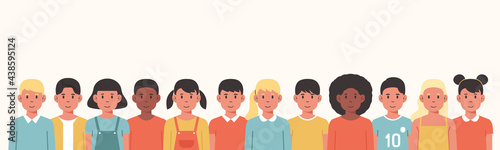 group of children character in a row together prepare for back to school, vector flat illustration