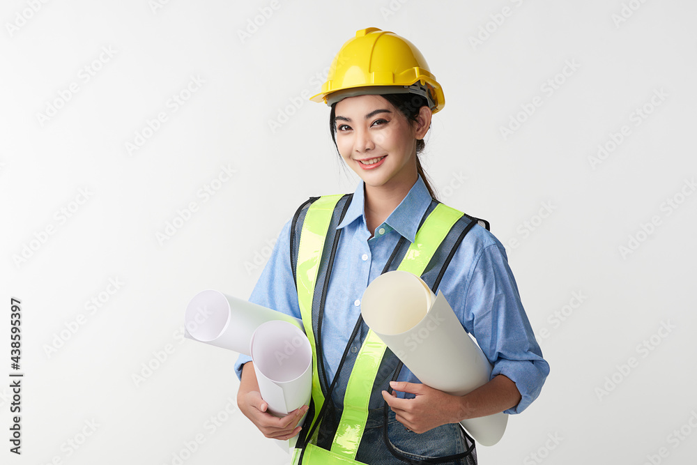 beautiful young asian woman engineer and Yellow safety helmet on white background, construction concept, Engineer, Industry.