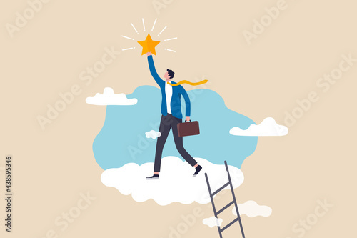 Business champion succeed to get reward, winning star employee, career path or dream job concept, success businessman climb up ladder up into the cloud to reaching and grab precious star.