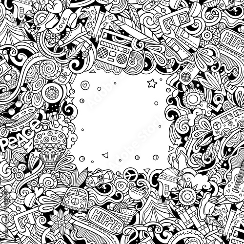 Hippie hand drawn vector doodles illustration. Hippy frame card design.