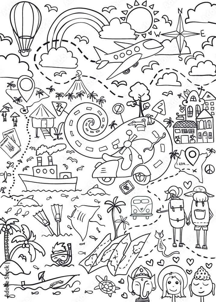 Travel map doodle. Coloring book illustration