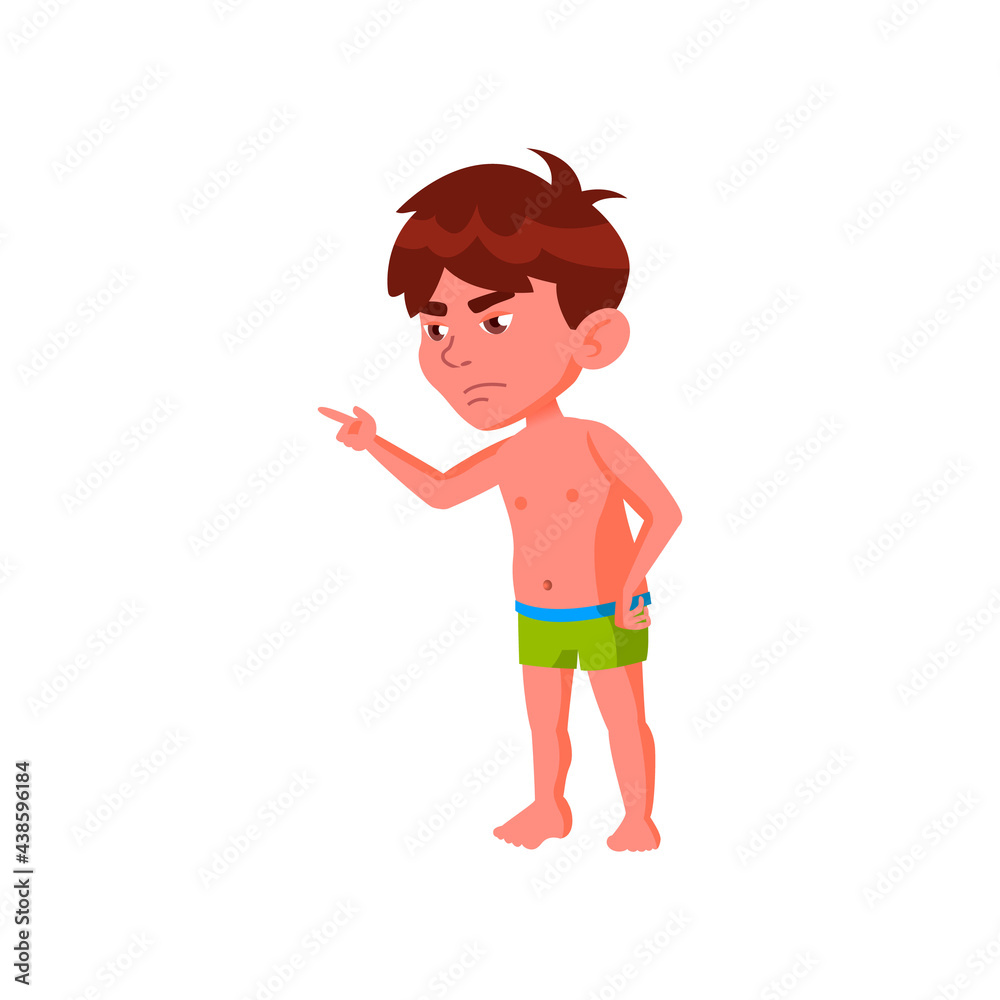 sad little boy pointing and want go to water slide cartoon vector. sad little boy pointing and want go to water slide character. isolated flat cartoon illustration