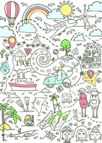 Travel map doodle. Coloring book illustration
