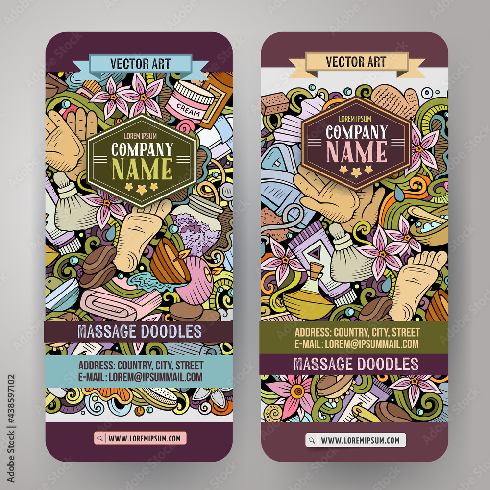 Obraz premium Massage hand drawn doodle banners set. Cartoon detailed flyers.