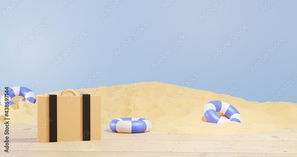 3d background renderings, suitcase and floating balloons on sandy wooden floor for presentation products, summer vacation theme, for web page, image background