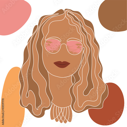 Isolated surreal fictional portrait of a girl on a white background with abstract figures. Imaginary woman with rose-colored glasses, drawn with a line in brown tones. Minimalist pattern.