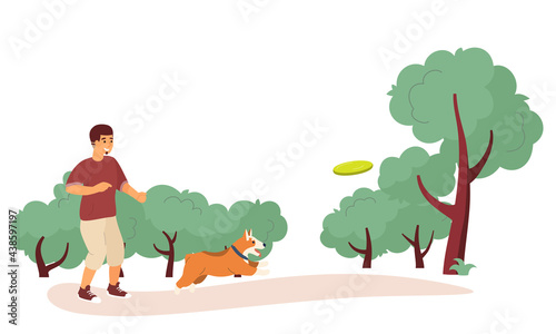 Vector illustration of rest in the city park. Young man playing with dog. Outdoor activities. Vector illustration