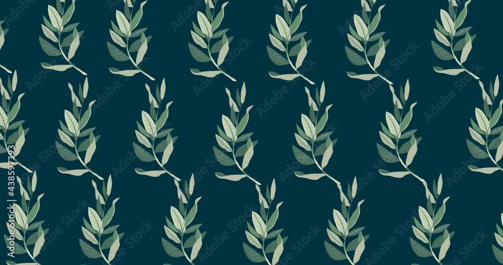 Animation of multiple green leaves moving over dark green background