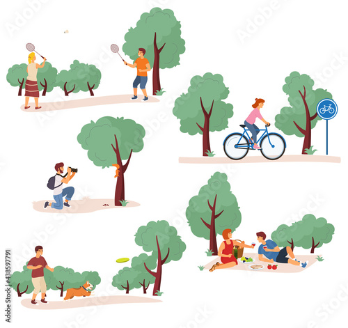 Leisure activities in the city park vector illustration. People rides a bicycle  playing badminton  relaxing on a picnic  playing with dog. Outdoor summer activities illustration set. 