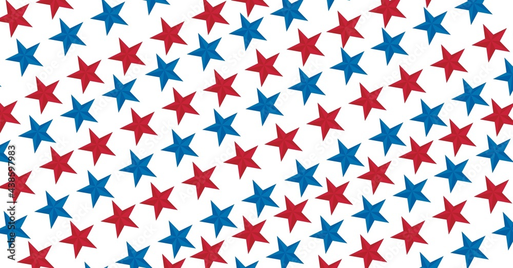 Composition of multiple rows of red and blue american flag stars on white background