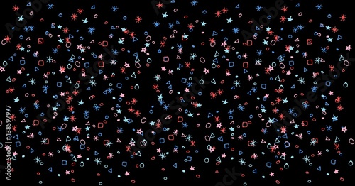 Composition of multiple red  white and blue american flag stars and patterns on black background