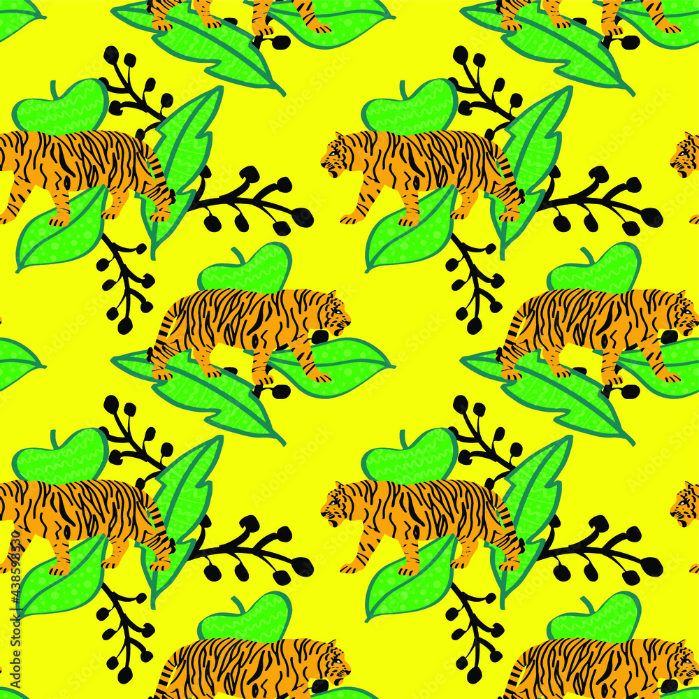 Fototapeta premium Abstract Hand Drawing Tigers and Leaves Seamless Vector Pattern Isolated Background 