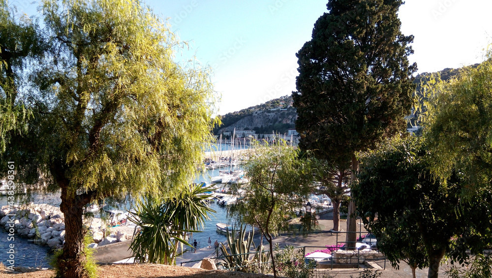 spring in the city. Scenic cityscape with blossom exotic flowers in the town. Beautiful panoramic landscape of Villefranche-sur-mer on a sunny day. A wonderful trip to Cote d'Azur in France.