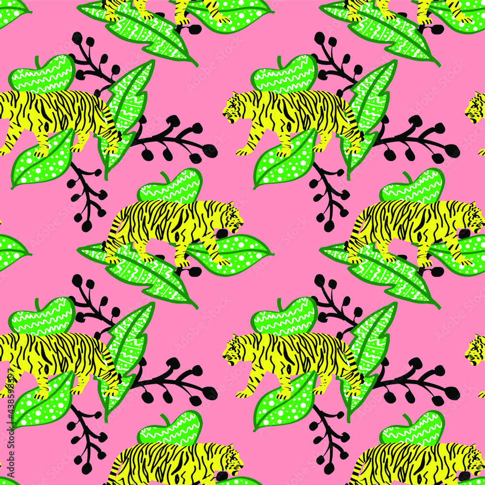 Obraz premium Abstract Hand Drawing Tigers and Leaves Seamless Vector Pattern Isolated Background 