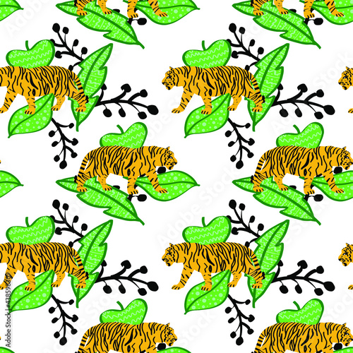 Abstract Hand Drawing Tigers and Leaves Seamless Vector Pattern Isolated Background  