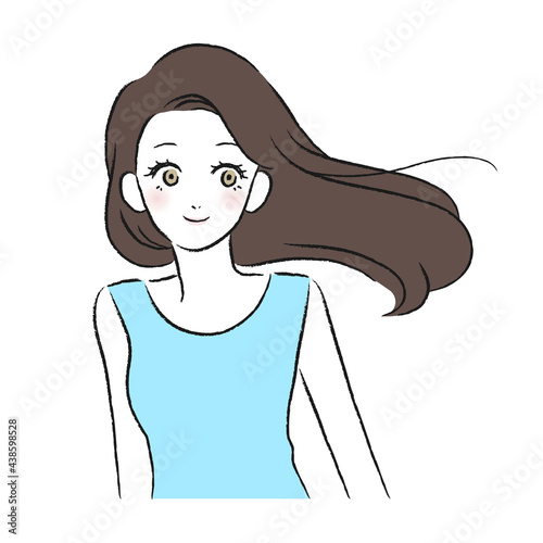 女性　笑顔　なびく髪