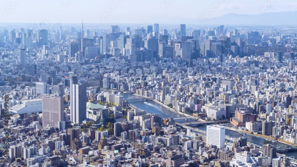 Tokyo city skyline, Time-lapse. Sumida river. Japan. Tourism and business.