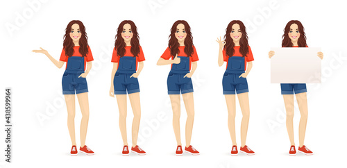 Young woman with long hair in casual style clothes set different gestures isolated vector iilustration
