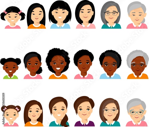 Set of african american, european, asian age group avatars woman in colorful style.