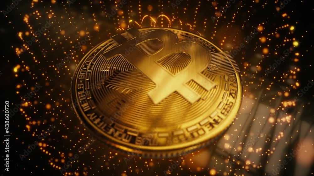 Crypto currency Gold Bitcoin - BTC - Bit Coin - Blockchain reveal. Magic Digital Light hologram in digital space. Macro orbit shot 3d animation motion graphics. 4k