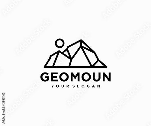 Geometric mountain landscape logo design. Polygonal mountains peak vector design. Adventure landscape logotype