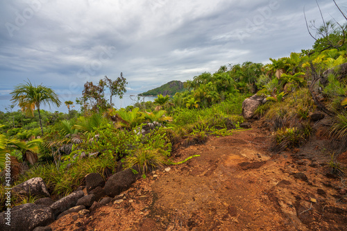 sunset at tropical beach anse lazio on praslin on the seychelles