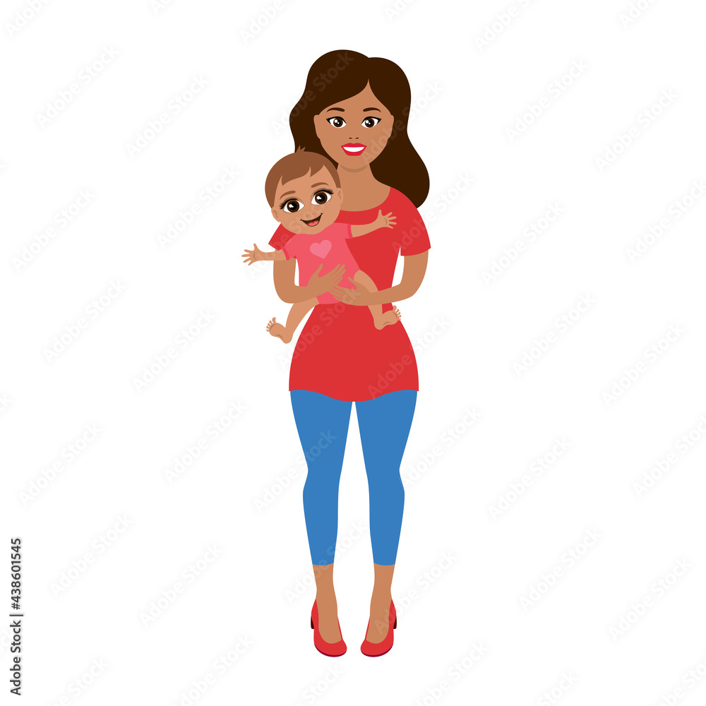 Beautiful woman holding small cute baby vector. Young mother holding her baby girl in her arms vector. Smiling baby with mother icon isolated on a white background