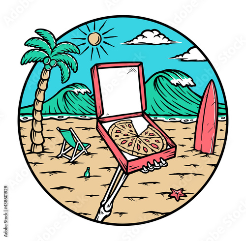 Eating pizza on the beach illustration