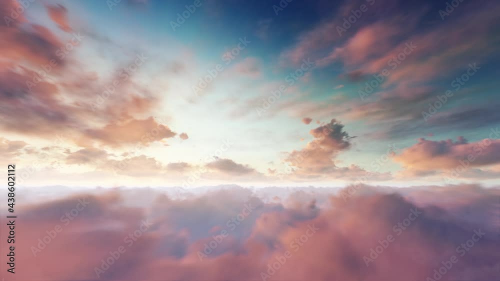 Flying over the beautiful floating clouds 3D simulation. Sun shines through the moving clouds timelapse from sunrise to sunset. Seamless Loop. 4k UHD animation