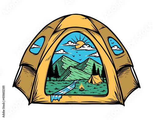 Mountain view inside my tent illustration
