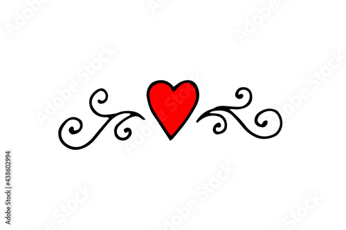 Heart with curls. Doodle. Vector. Drawn by hand. Black and white outline. Silhouette.