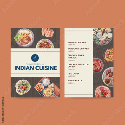 Menu template with Indian food concept design for restaurant and bistro watercolor illustraton