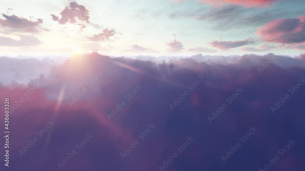 Flying over the beautiful floating clouds 3D simulation. Sun shines through the moving clouds timelapse from sunrise to sunset. Seamless Loop. 4k UHD animation