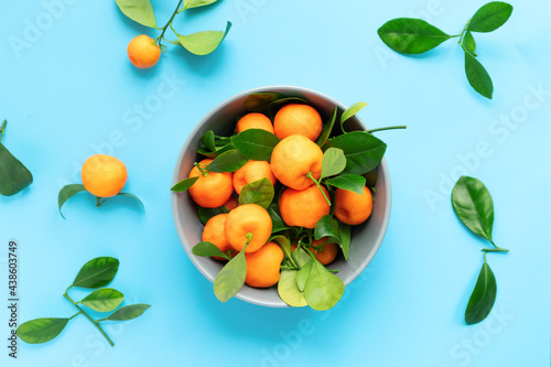 Clementines with leaves on a blue background. Flat lay, top view.