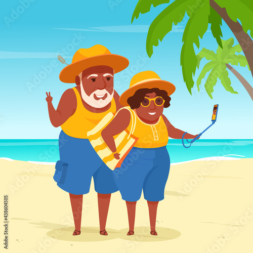 Senior adult tourist couple takes a selfie by a smartphone on a sea beach background. Active elderly people on vacation. A vector cartoon illustration.