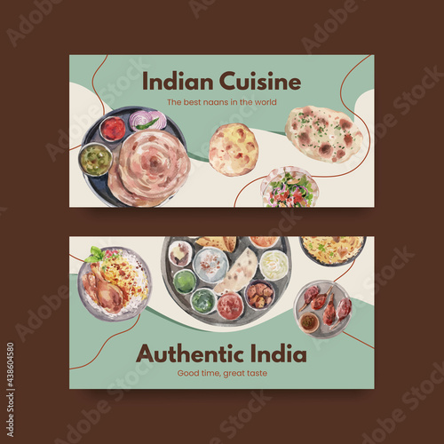 Twitter template with Indian food concept design for social media and community watercolor illustraton
