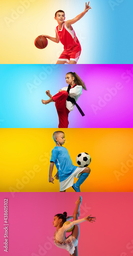 Soccer football, basketball, taekwondo, boxing and tennis. Collage of different little sportsmen in action