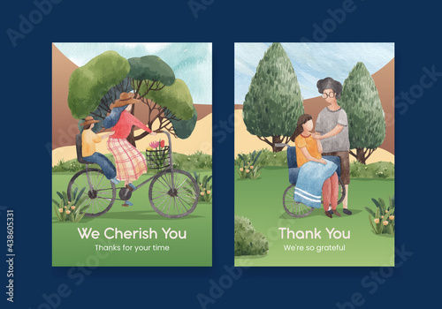 Thank you card template with park and family concept design watercolor illustration