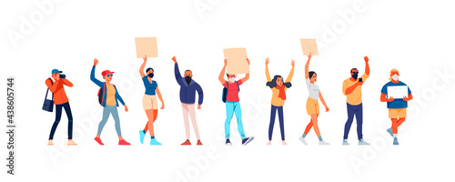 Protesting people-activists at the rally with placards and masks. The protest movement on the picket against the violation of human rights. Cartoon characters vector illustration isolated on a white