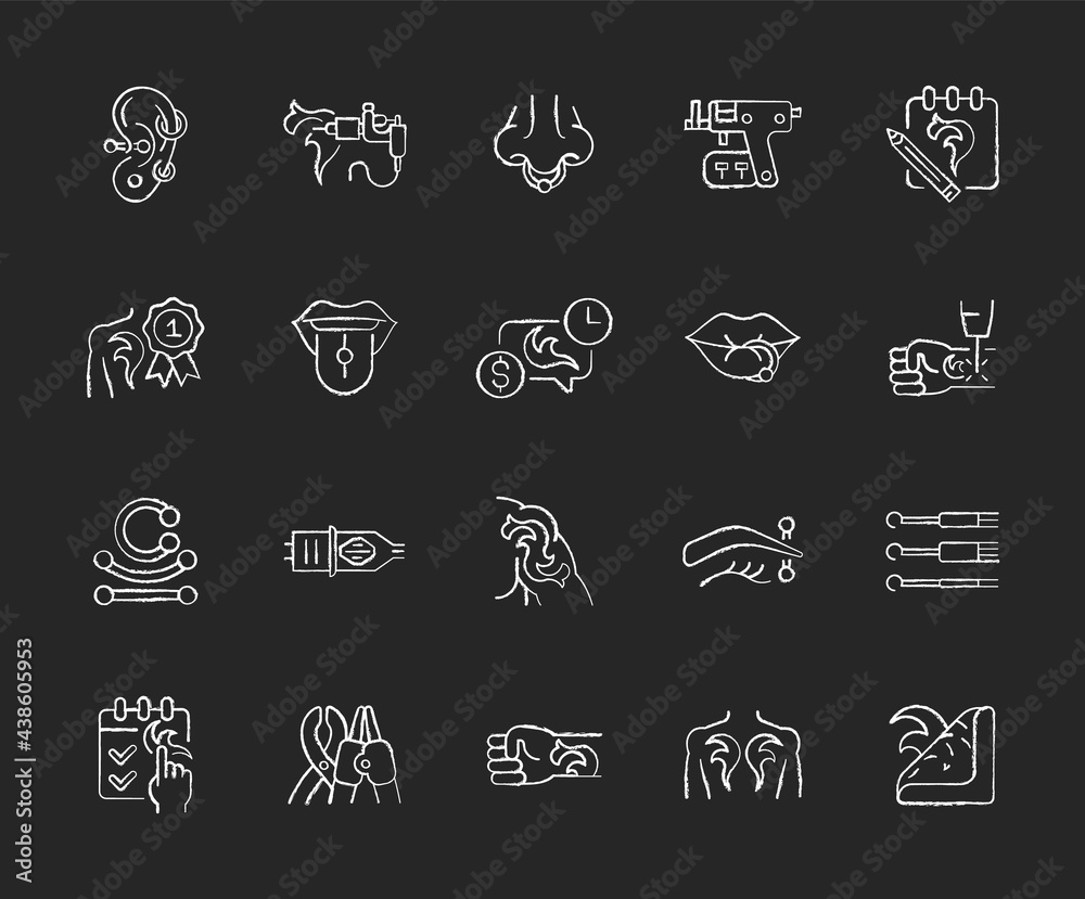 Tattoo and piercing chalk white icons set on dark background. Creating pictures on human skin. Valuable jewellery in body. Professional tools. Isolated vector chalkboard illustrations on black