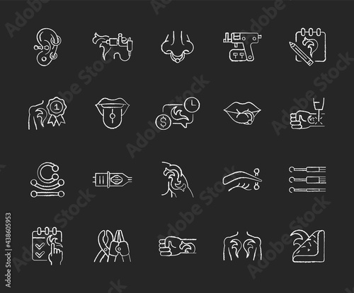 Tattoo and piercing chalk white icons set on dark background. Creating pictures on human skin. Valuable jewellery in body. Professional tools. Isolated vector chalkboard illustrations on black