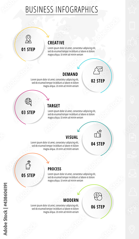 Infographic circles with arrows. Vector business concept of 6 steps by step, options, squares. Template with six ways for diagram, web, banner, presentations, flowchart, content, levels, chart