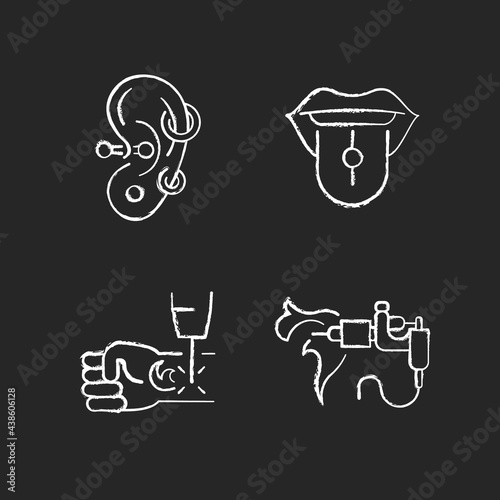 Fototapeta Naklejka Na Ścianę i Meble -  Tattoo and piercing masters chalk white icons set on dark background. Place to put jewellery into skin. Removing ink from body. Professional tool. Isolated vector chalkboard illustrations on black
