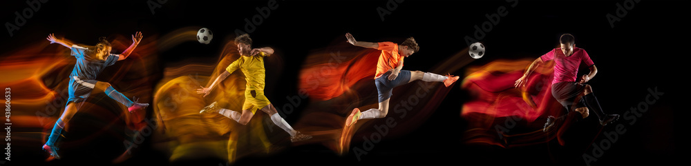 Sportsmen playing soccer football on black background in mixed light. Caucasian fit young male players in motion or action
