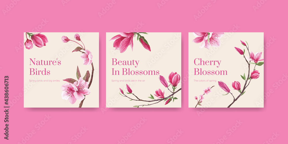 Advertise template with blossom bird concept design watercolor illustration