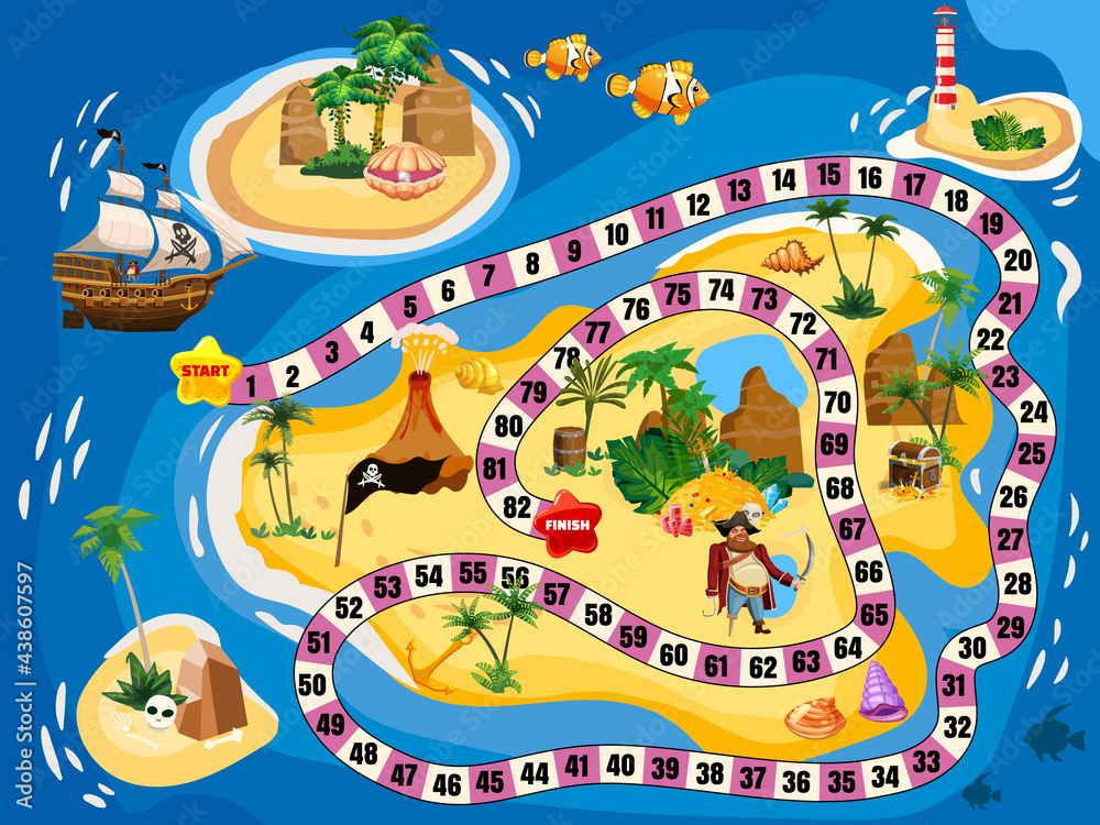 Treasure Island Pirate Board Game Map. Ocean route Travel adventure ...