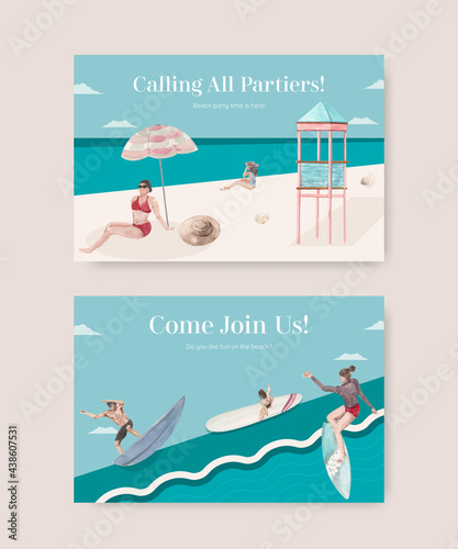 Card template with beach vacation concept design watercolor illustration