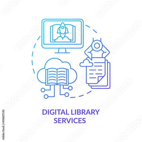 Digital library services concept icon. Community development abstract idea thin line illustration. Books and documents storage. Access digital objects. Vector isolated outline color drawing
