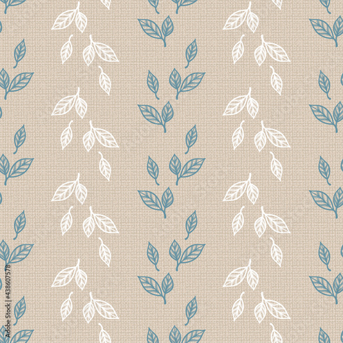 Leaf pattern. White Blue Leaves Vector Seamless Pattern. Floral Background with Imitation Linen Burlap Texture.